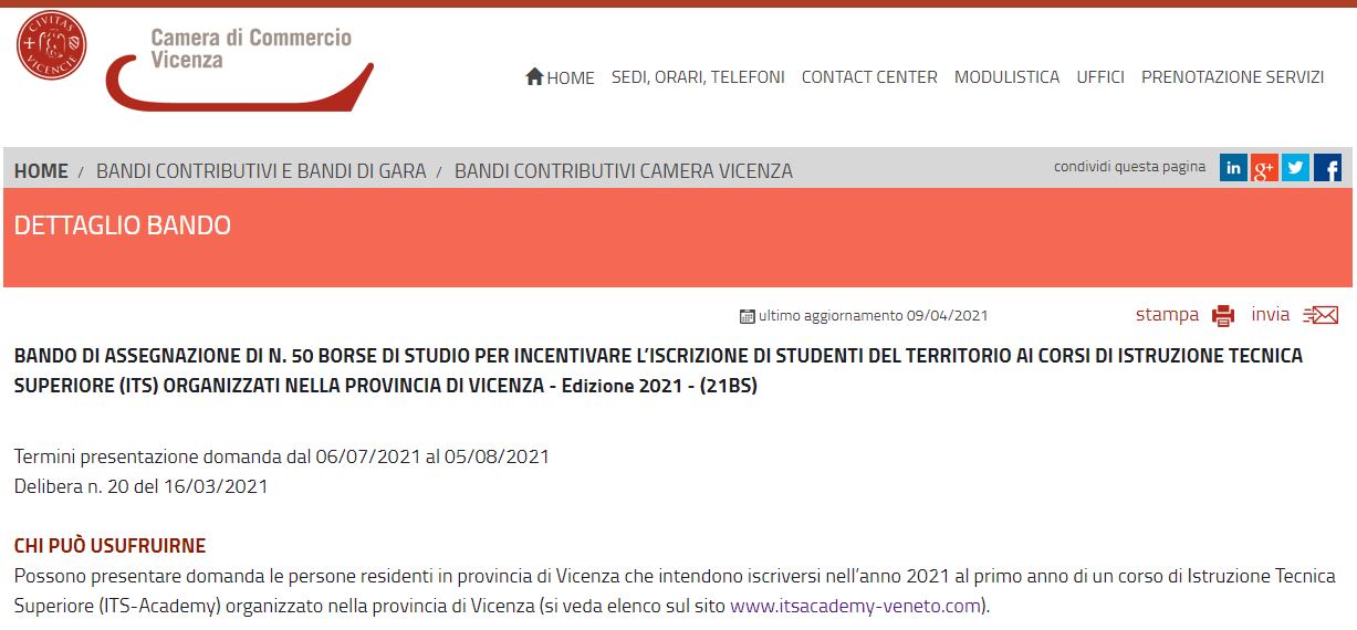 Bando CCIAA ITS Vicenza 2021